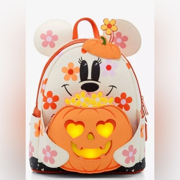 Loungefly Disney Minnie Mouse Floral Pumpkin Glow N Dark Light Up Mini Backpack - Picture 3 of 7